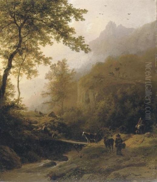 Bergachtig Landschap Bij Ondergaande Zon: The Sunset Oil Painting by Barend Cornelis Koekkoek