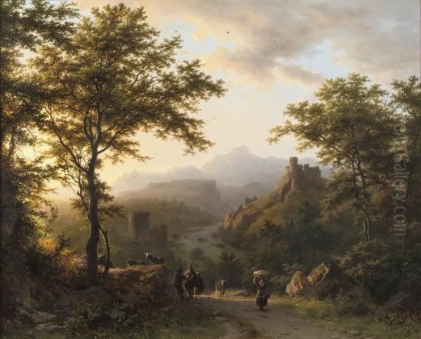 Een Bergachtig Landschap Bij Ondergaande Zon: Panoramic Landscape At Dusk Oil Painting by Barend Cornelis Koekkoek