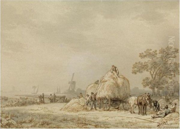 Haytime Oil Painting by Barend Cornelis Koekkoek