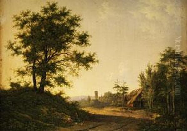 Landschaft Mit Eichen, Strohhutte Und Turm Im Hintergrund Sowie Figurenstaffage Oil Painting by Barend Cornelis Koekkoek