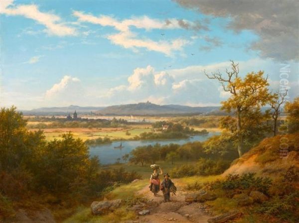 River Landscape With Two Walkers. Oil Painting by Barend Cornelis Koekkoek