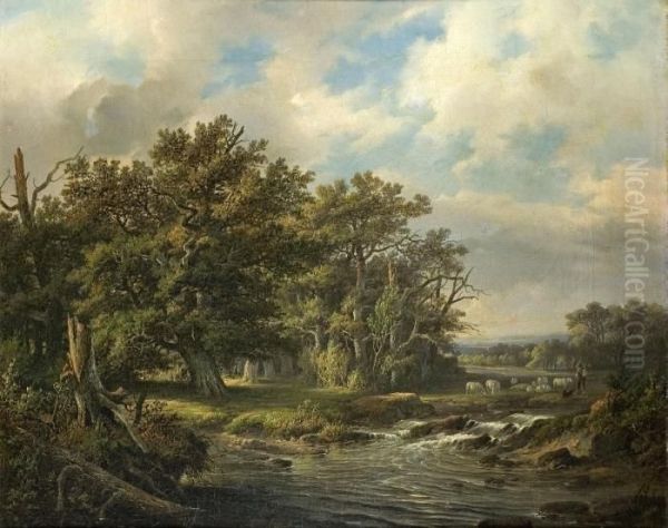 Bewaldete Flusslandschaft Mit Schafen Und Hirten Oil Painting by Barend Cornelis Koekkoek