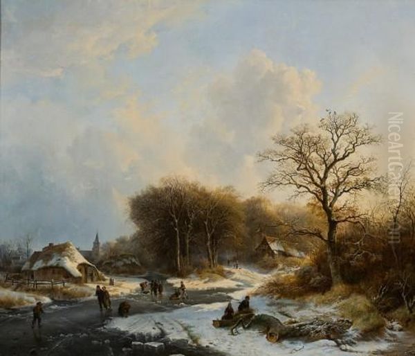 Winterlandschaft Im Sonnenlicht Mit Eislaufern Oil Painting by Barend Cornelis Koekkoek