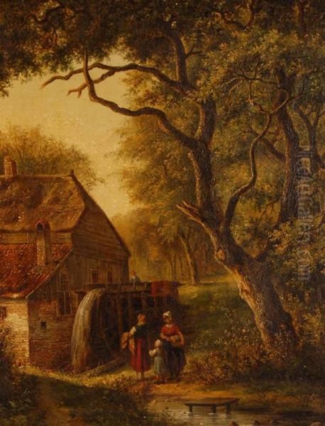 Country Figures By An Old Stone Watermill Oil Painting by Barend Cornelis Koekkoek