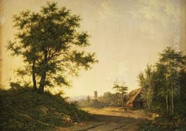 Landschaft Mit Eichen, Strohhutte Und Turm Im Hintergrund Sowiefigurenstaffage Oil Painting by Barend Cornelis Koekkoek