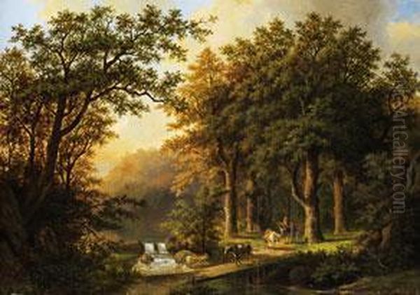 Waldlandschaft Mit Bachlauf, Kleiner Kaskade Und Figurenstaffagemit Tieren Oil Painting by Barend Cornelis Koekkoek