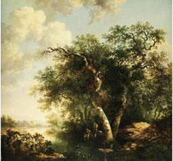 Landschaft Mit Hohen Baumen Am Flussufer Mitfigurenstaffage Oil Painting by Barend Cornelis Koekkoek