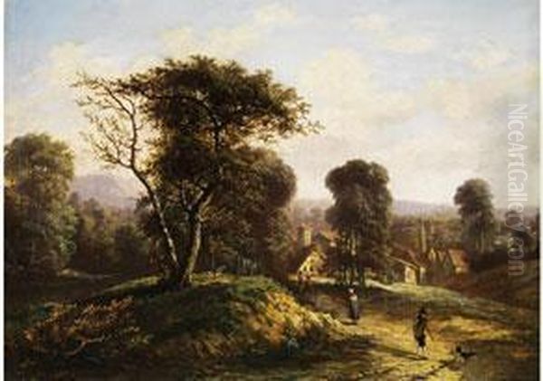 Landschaft Mit Baumgruppen, Hausern Und Figurenstaffage Oil Painting by Barend Cornelis Koekkoek