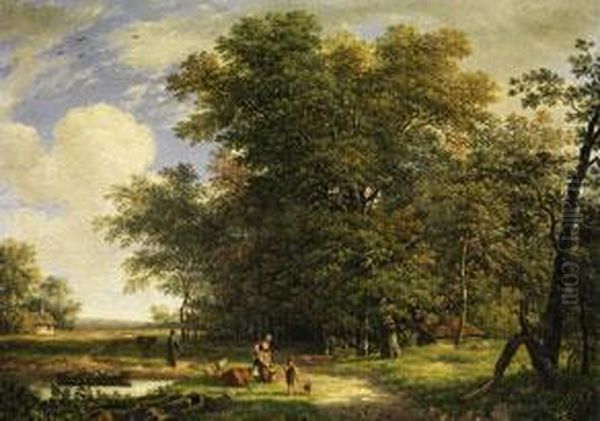 Baumlandschaft Mit Figurenstaffage Oil Painting by Barend Cornelis Koekkoek