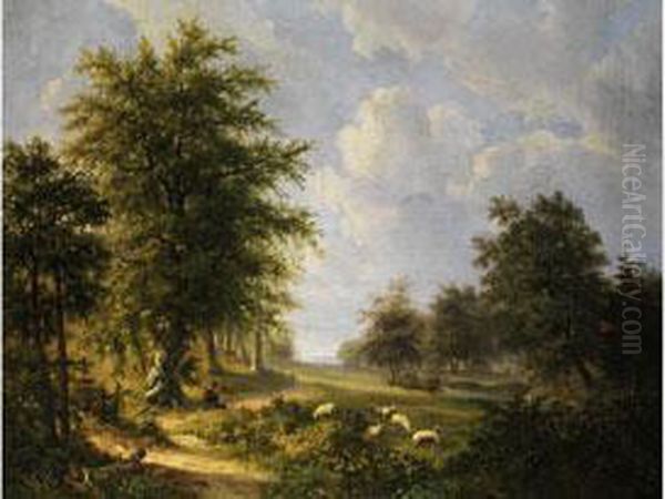 Baumlandschaft Mit Schafen Und Einem Hirten Oil Painting by Barend Cornelis Koekkoek