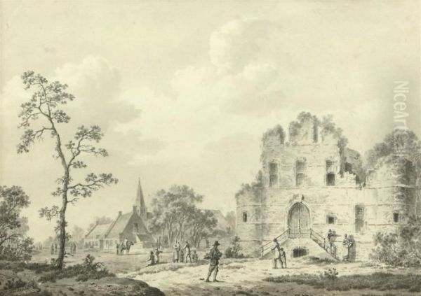 A Ruin Near A Village Oil Painting by Barend Cornelis Koekkoek