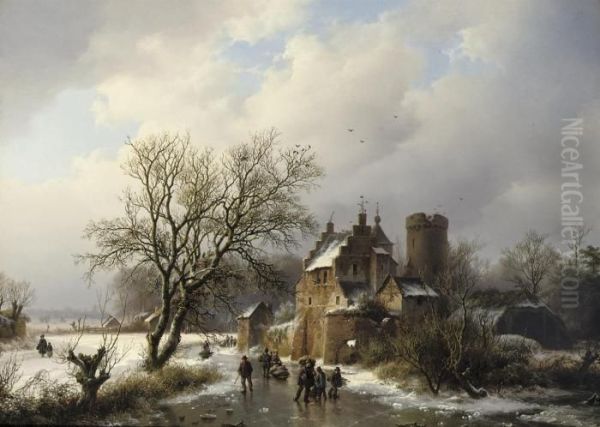 Le Vieux Manoir: Skaters On The Ice In A Wooded Landscape Oil Painting by Barend Cornelis Koekkoek