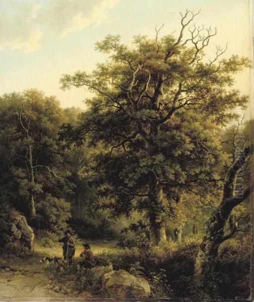 A Sportsman And Woodgatherers In The Forest Oil Painting by Barend Cornelis Koekkoek