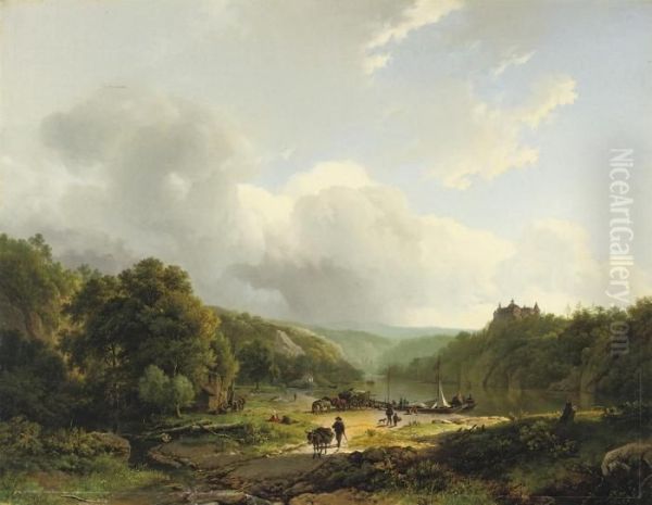 Unloading The Barge In An Undulating Landscape Oil Painting by Barend Cornelis Koekkoek