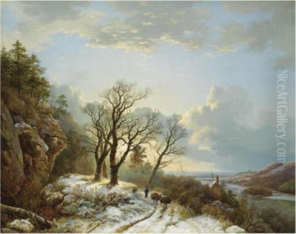 A Winter Landscape With A Traveller On A Path Oil Painting by Barend Cornelis Koekkoek