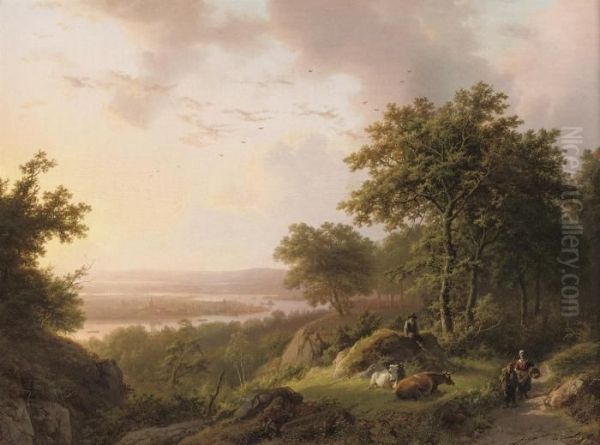 Sunset Over A Rhenish Landscape With Travellers On A Woodedpath Oil Painting by Barend Cornelis Koekkoek