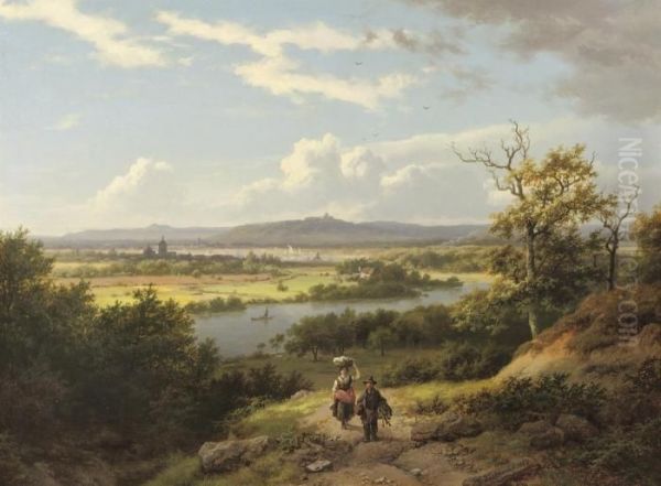 A Panoramic River Landscape With Villagers On A Hilltop Oil Painting by Barend Cornelis Koekkoek