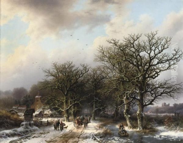 Villagers On A Wooded Track Near A Snow-covered Village Oil Painting by Barend Cornelis Koekkoek