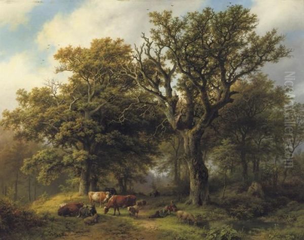 Een Boomrijk Landschap Met 
Koeiyen, En Schapen Bij Middagstond: Aherdsman And His Cattle Resting 
Under An Oak Tree, A Ruin In Thedistance Oil Painting by Barend Cornelis Koekkoek