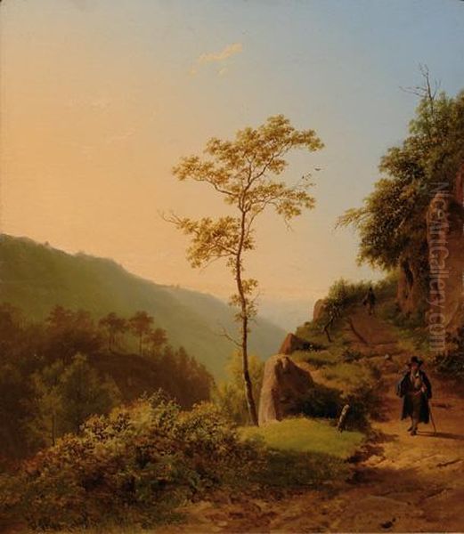 Traveller On A Mountain Pathat Sunset Oil Painting by Barend Cornelis Koekkoek