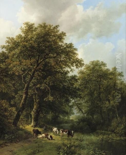 A Herdsman And His Cattle By A Forest Stream Oil Painting by Barend Cornelis Koekkoek