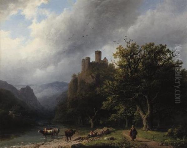 Een Bergachtig Landschap Waarin 
Een Kleine Waterval Bij Gewone Dag: On A River-bank In A Valley Oil Painting by Barend Cornelis Koekkoek