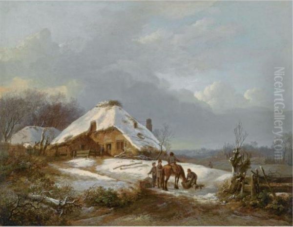 Figures Near A Farmstead On A Wintry Day Oil Painting by Barend Cornelis Koekkoek