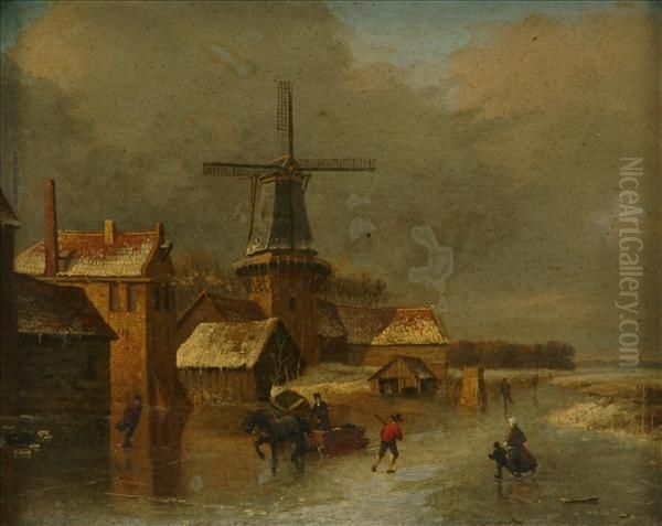 Winterlandscape, With Figures On A Frozen River By A Windmil Oil Painting by Barend Cornelis Koekkoek