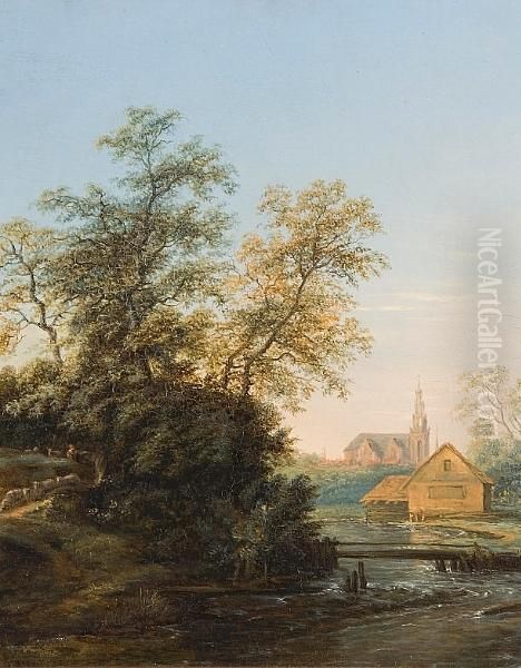 River Landscape Oil Painting by Barend Cornelis Koekkoek