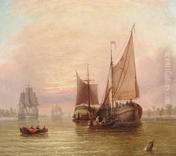 Boats In An Estuary At Sunset Oil Painting by Barend Cornelis Koekkoek