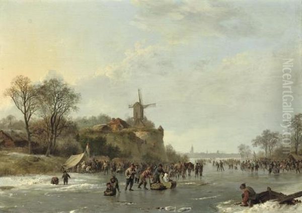 An Extensive Winter Landscape 
With Numerous Figures By A 'koek En Zopie', An Iceskating Race In The 
Distance Oil Painting by Barend Cornelis Koekkoek