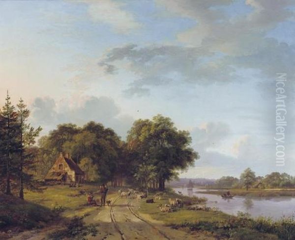 Shepherds With Their Flock Along A Calm Sunlit River Oil Painting by Barend Cornelis Koekkoek