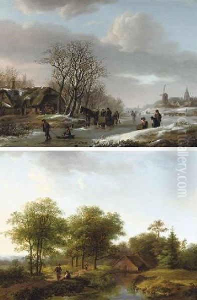 Activities On A Frozen Waterway In Winter; And Figures On A Winding Path In Summer Oil Painting by Barend Cornelis Koekkoek