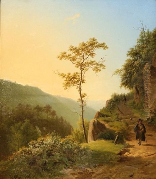 A Traveller On A Mountain Path By Sunset Oil Painting by Barend Cornelis Koekkoek