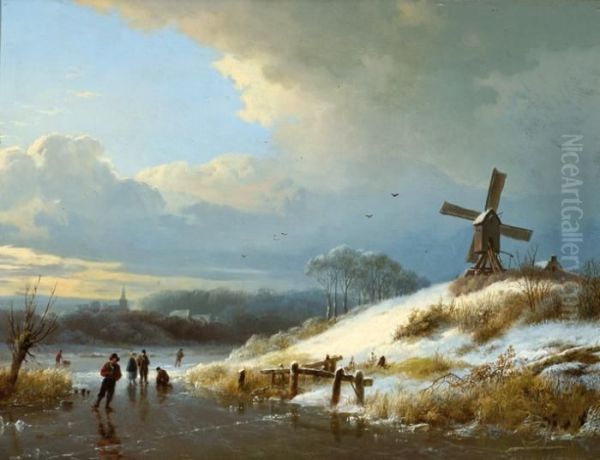 Figures On The Ice With A Mill In The Background Oil Painting by Barend Cornelis Koekkoek