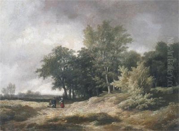 Figures In A Landscape Oil Painting by Barend Cornelis Koekkoek