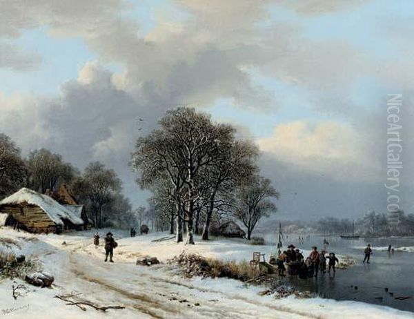 A Winter Landscape With Skaters Oil Painting by Barend Cornelis Koekkoek