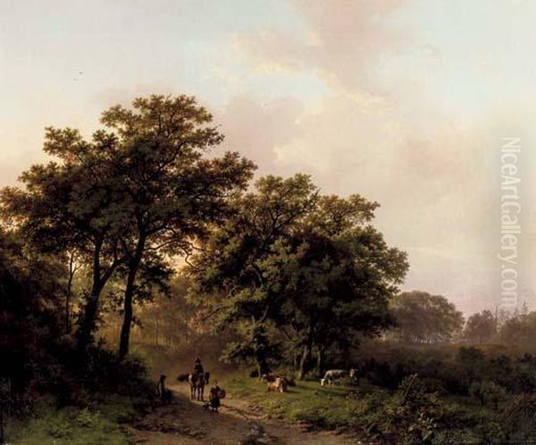 Travellers On A Wooded Path At Sunrise Oil Painting by Barend Cornelis Koekkoek