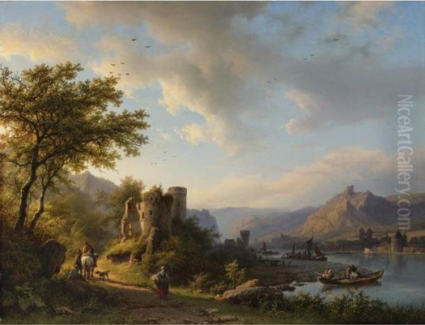 A Landscape With Travelers And Boats Along The Moselle River Oil Painting by Barend Cornelis Koekkoek