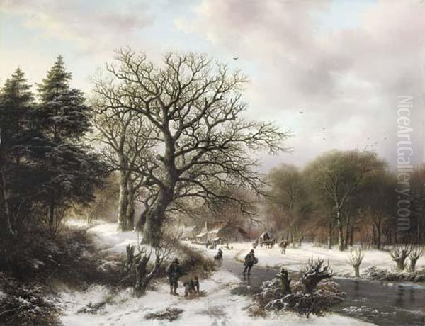 A Winter Landscape With Wood Gatherers And Skaters Oil Painting by Barend Cornelis Koekkoek