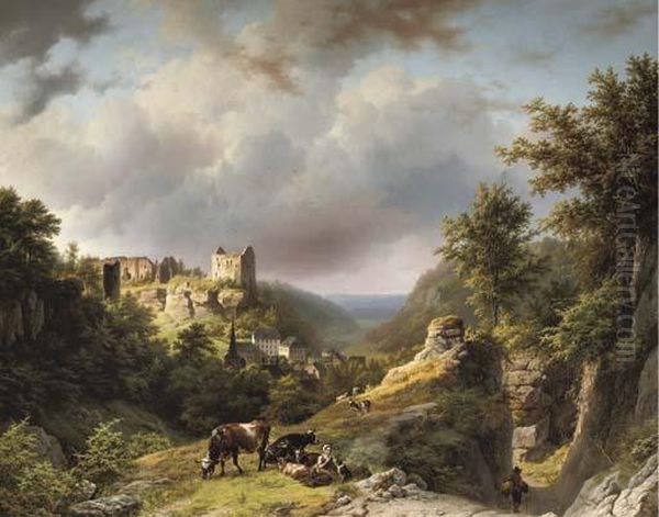 Figures On A Mountain Pass With 
The Village And The Chateau Of Larochette In The Distance, Luxembourg Oil Painting by Barend Cornelis Koekkoek