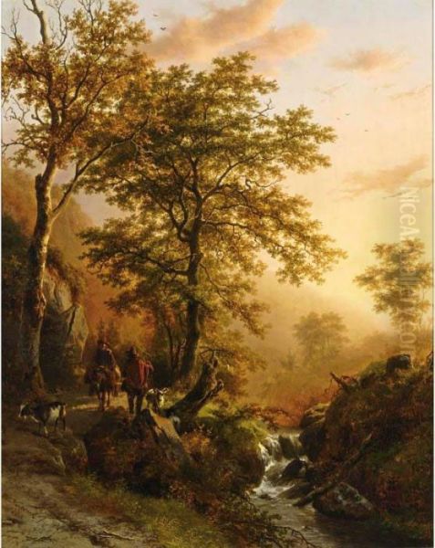 Traveller And A Herdsman In A Mountainous Landscape Oil Painting by Barend Cornelis Koekkoek