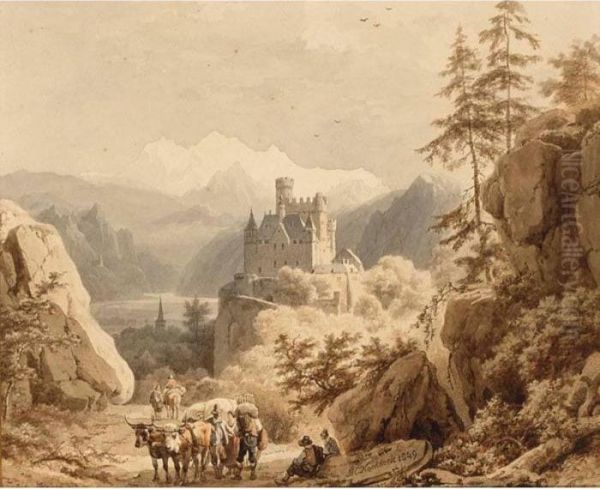 Travellers Resting In A Mountainous Landscape, A Castle In The Background Oil Painting by Barend Cornelis Koekkoek