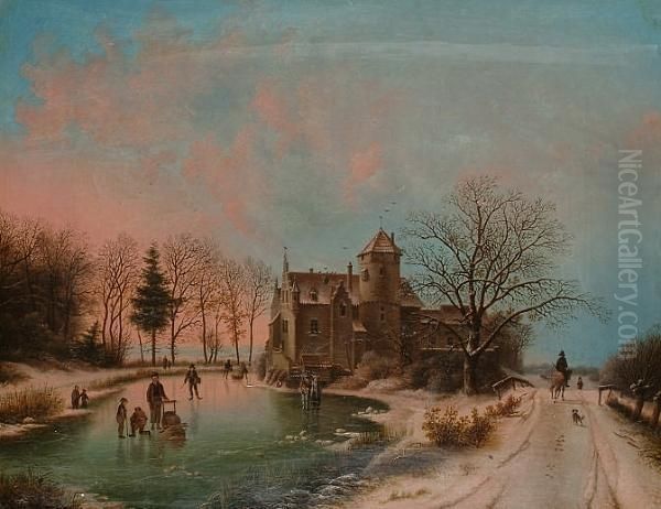 Skating On The Frozen Lake; A Winter's Evening. Oil Painting by Barend Cornelis Koekkoek