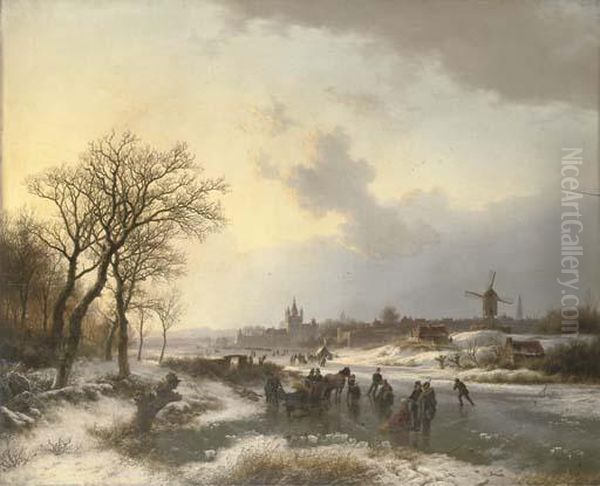 Late Afternoon With Numerous Skaters By A Town Oil Painting by Barend Cornelis Koekkoek