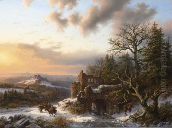 Wood-gatherers In A Winter Landscape Oil Painting by Barend Cornelis Koekkoek