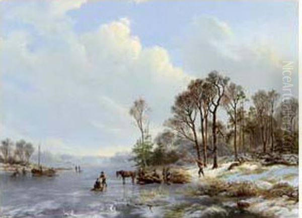 Forestiers Chargeant Du Bois Sur Un Lac Gele Oil Painting by Barend Cornelis Koekkoek