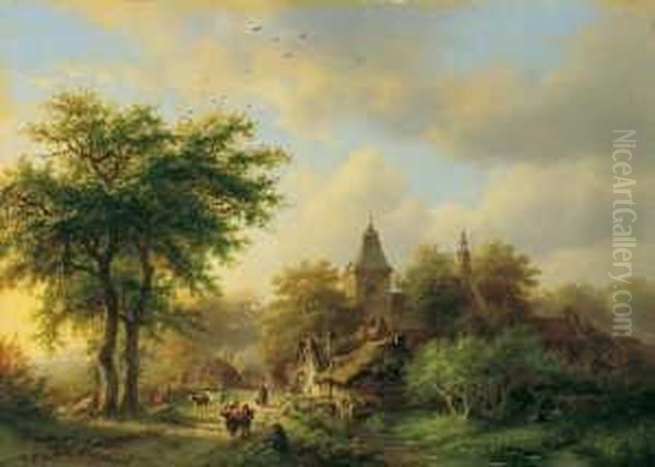 Besonnte Dorfstrasse Mit Kirche. Oil Painting by Barend Cornelis Koekkoek