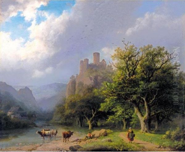 Landscape With A Castle, Figures And Cows Oil Painting by Barend Cornelis Koekkoek