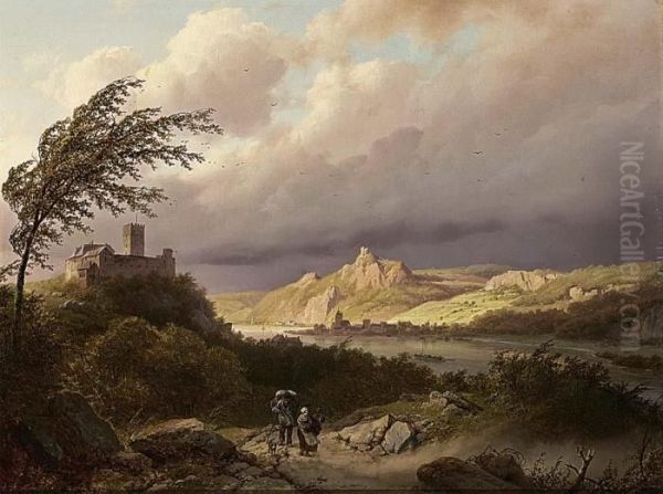 Travellers On A Path In A Rhine Landscape Oil Painting by Barend Cornelis Koekkoek